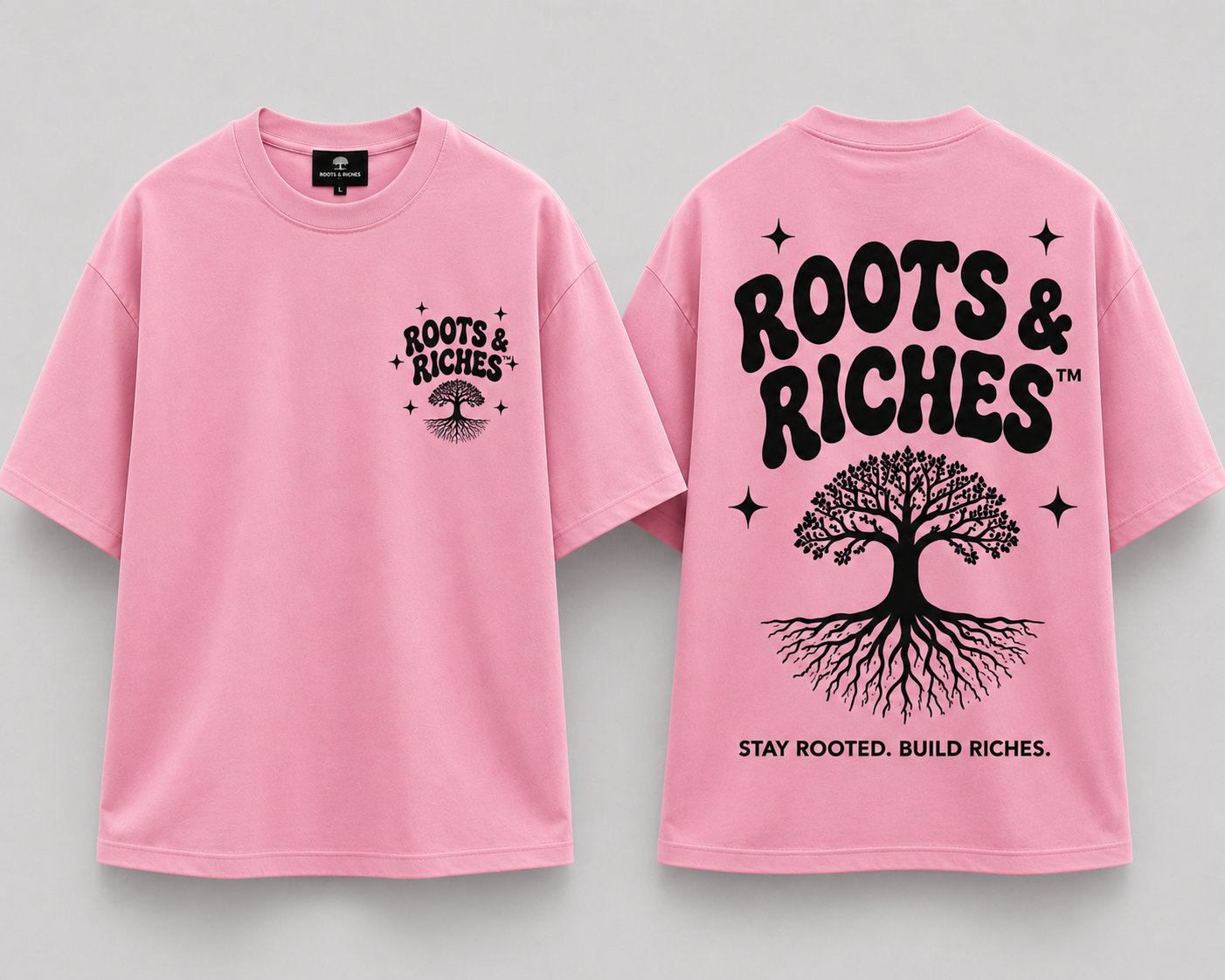 Pink Roots & Riches tee with pink tree print