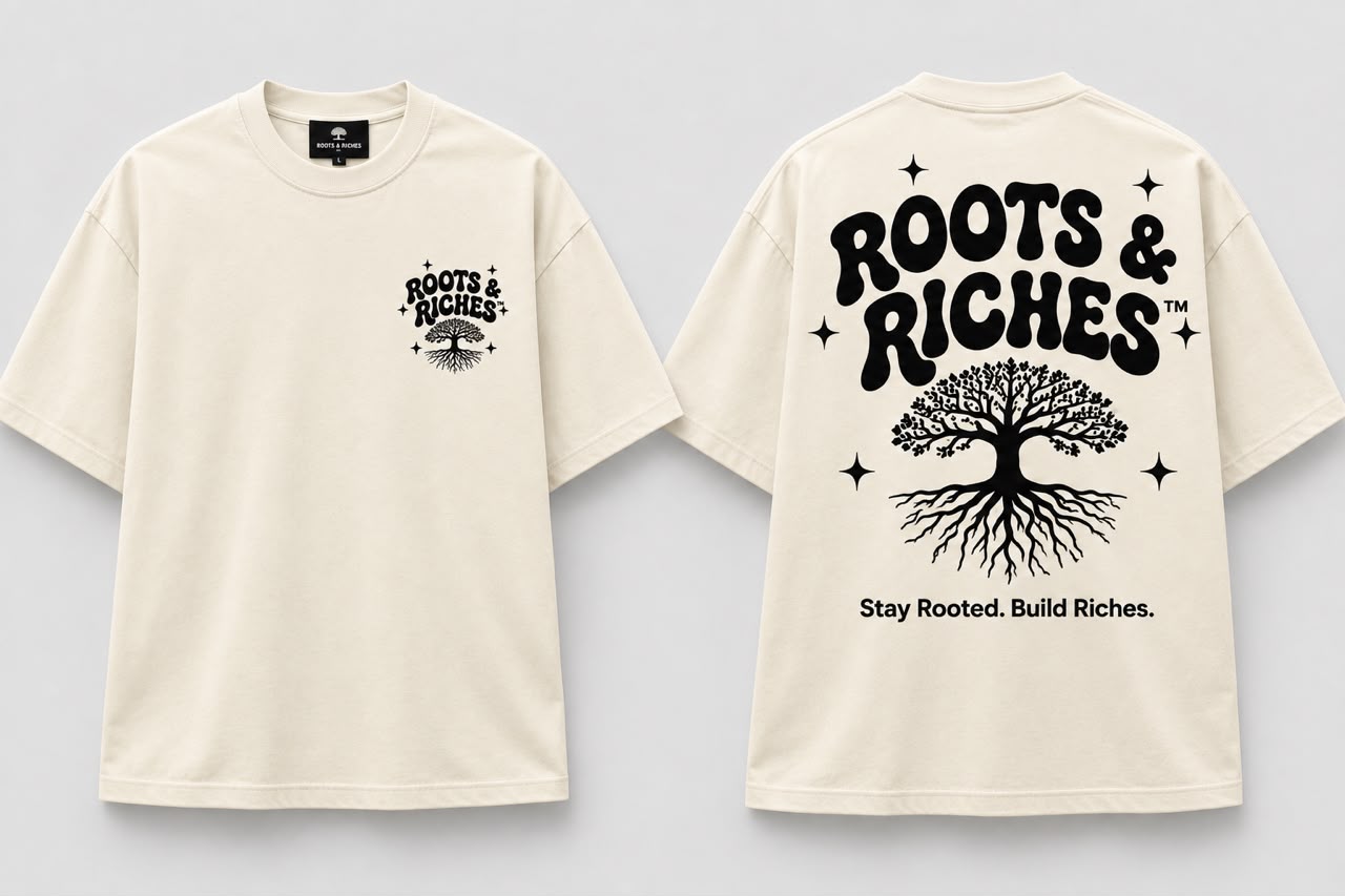 Cream Roots & Riches tee with black tree print