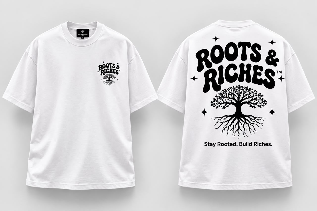 White Roots & Riches tee with black tree print