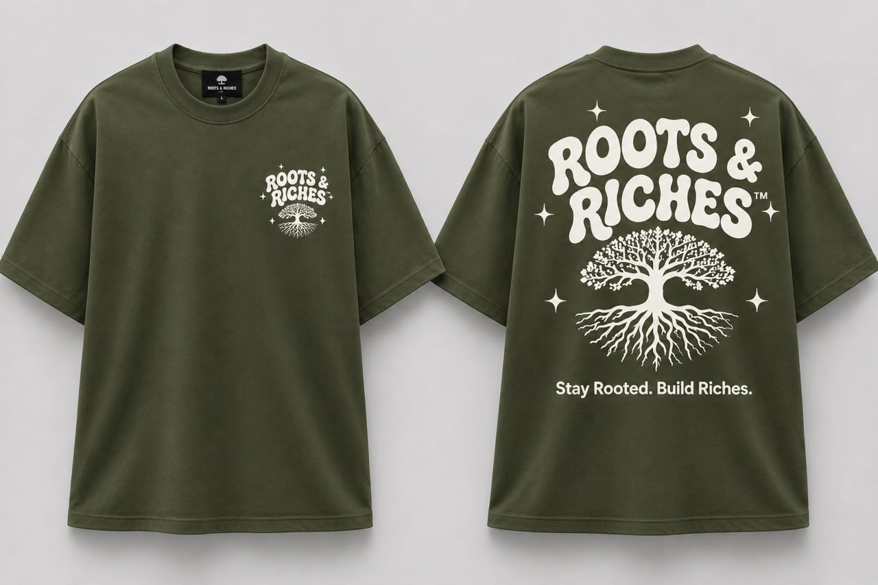 Olive Roots & Riches tee with cream tree print