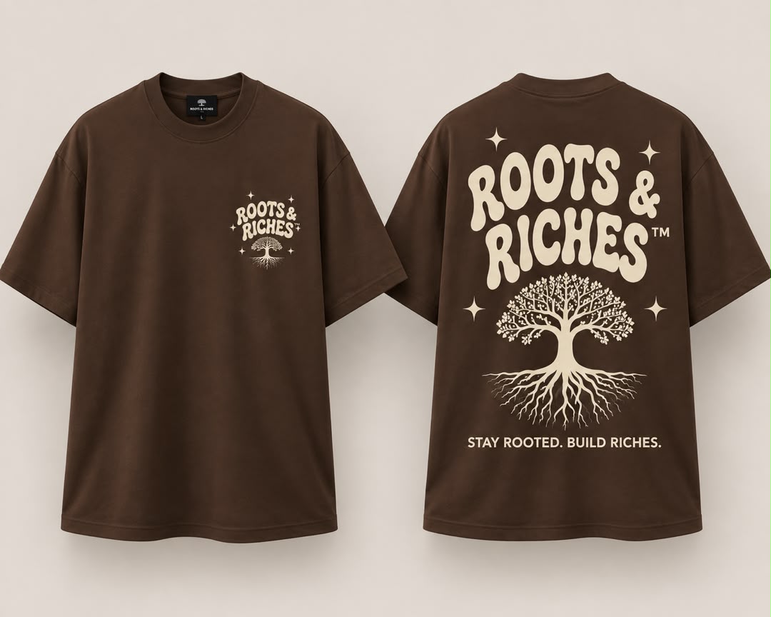 Brown Roots & Riches tee with cream tree print