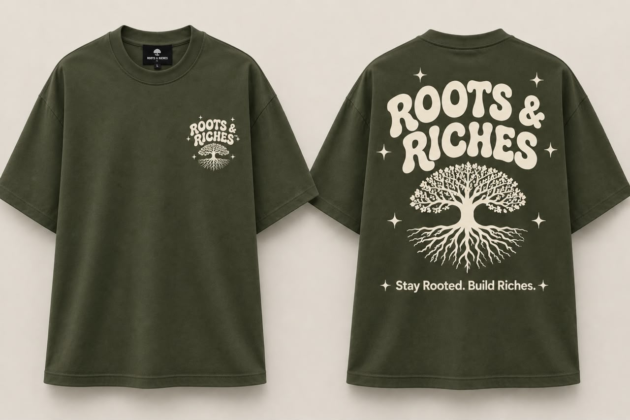 Army green Roots & Riches tee with cream tree print